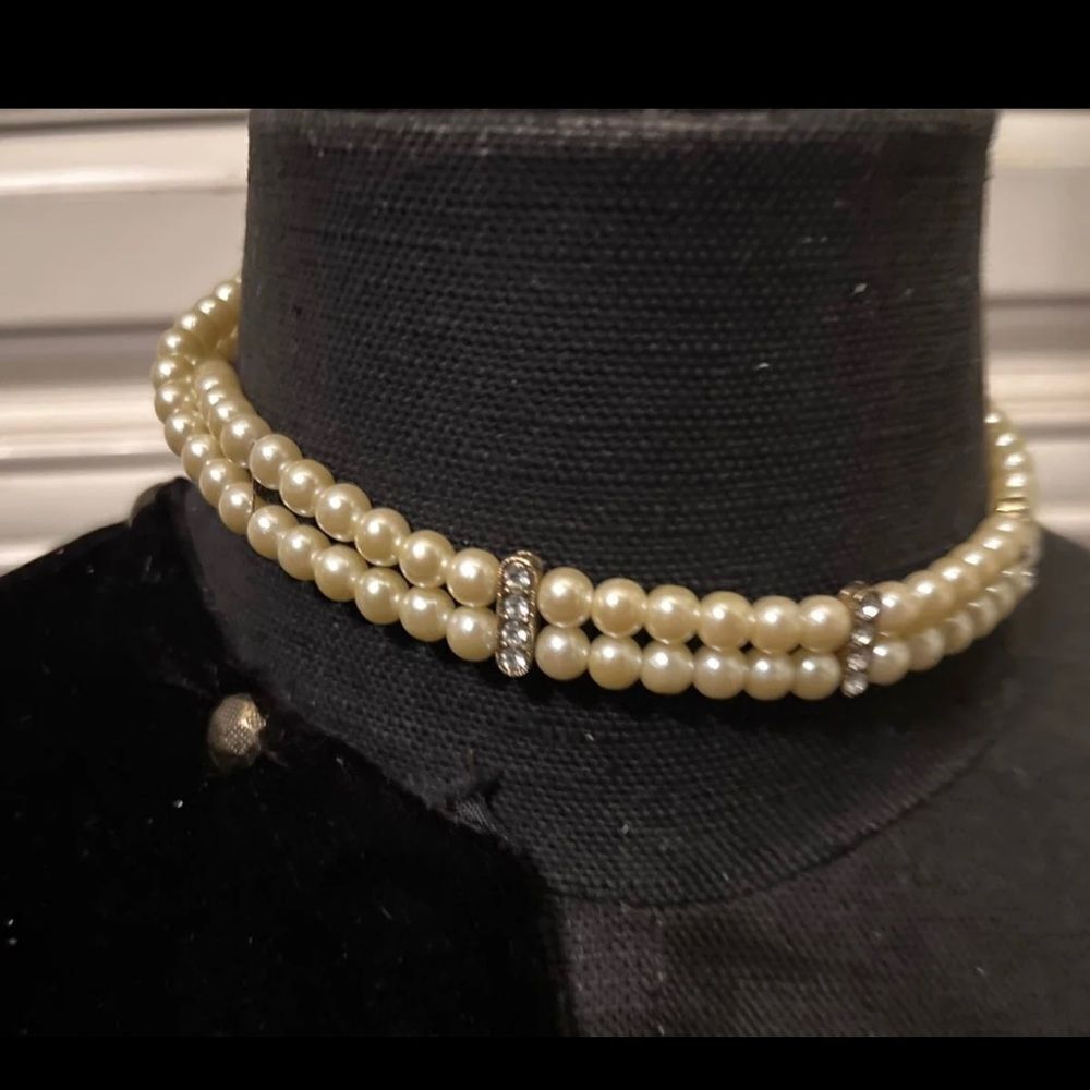 1928 Brand 3-Strand Faux Pearl Necklace w Gold Tone Metal & Stones. Adjustable